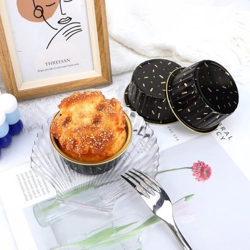 EUSOAR Disposable Baking Cups, 25pcs 5oz Foil Dessert Cups Aluminum Baking Cupcake Liners, Meteor Shower Black Disposable Ramekins Creme Brulee Cu...