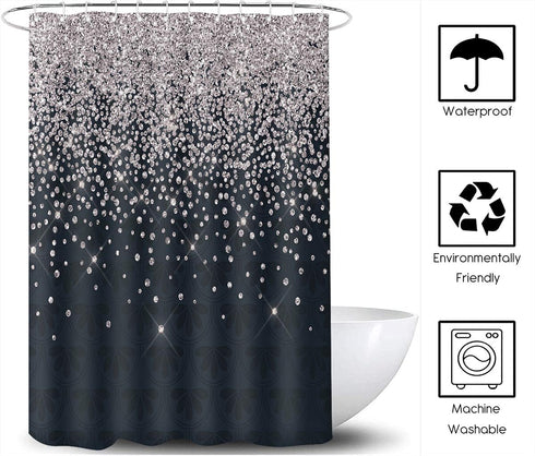Silver Gray Bokeh Gorgeous (No Sparkles or Glitter) Shower Curtain,Falling Snow Night Sky Stars Black Night 3D Printed Fabric Bathroom Curtain wit...