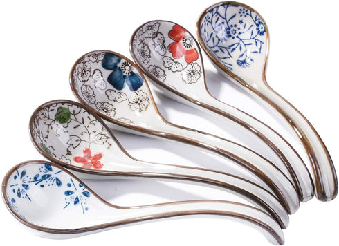 Japanese and Korean Large Ceramic Soup Spoon Set of 5 Hand-Painted Long Handle Rice Spoons...