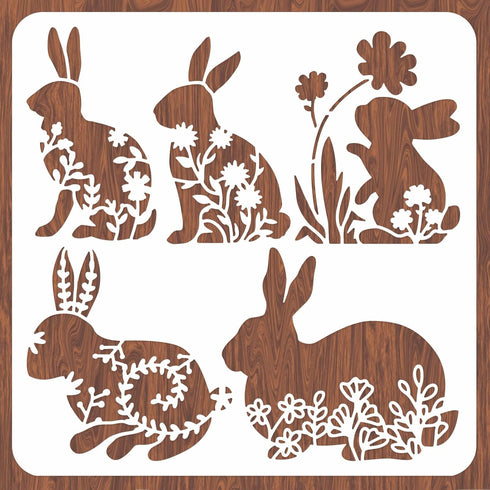 Easter Rabbit Stencil for Painting 11.8x11.8" Happy Spring Flower Wall Stencils Washable Plastic Bunny Rabbit Drawing Stencils Painting Templates ...