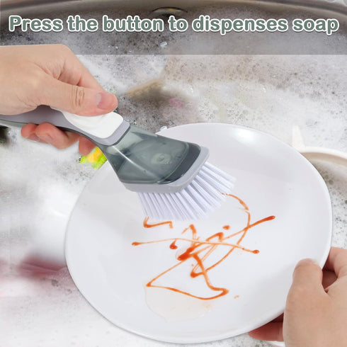 Dishes Scrub Brush Non-Scratch, Soap Dispensing Dish Brush, Dishwand Handle with 2 Refill Dish Brush and 2 Sponge Replacement Heads, Soap Control ...