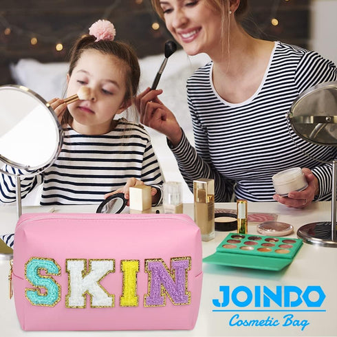 Preppy Makeup Bag, Skin Makeup Bag,Chenille SKIN Letter Cosmetic Bag, PU Leather Skincare Toiletry Bag, Cute Travel Organizer Zipper Makeup Bag fo...