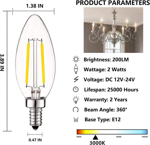 12V Candelabra LED Light Bulb Low Voltage 25 watt Equivalent, 12V LED Bulb E12 3000K 24volt Candelabra Light Bulbs for RV, 6 Pack...