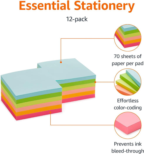 Amazon Basics Square Sticky Notes, 3 x 3-Inch, Assorted Colors, 12-Pack...