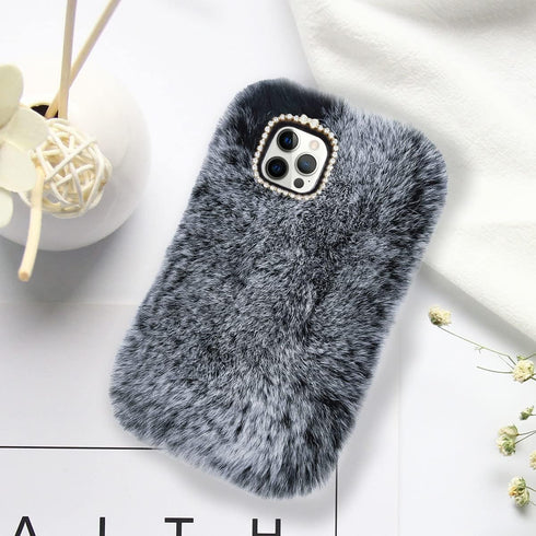 Losin Compatible with iPhone 15 Pro Case Cute Plush Case with Glitter Lanyard Strap Bling Diamond Camera Lens Protector Soft Winter Warm Plush Flu...