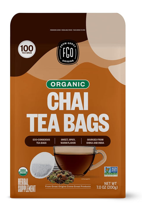 FGO Organic Chai Tea, 100 Count, Eco-Conscious Tea Bags, Resealable Bag, Packaging May Vary (Pack of 1)...