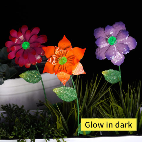 Floral Garden Stake Decor,Glow in Dark Outdoor Plant Pick Water Proof Metal Flower Stick for Lawn Yard Patio,Pathway Ornament,Set of 3...