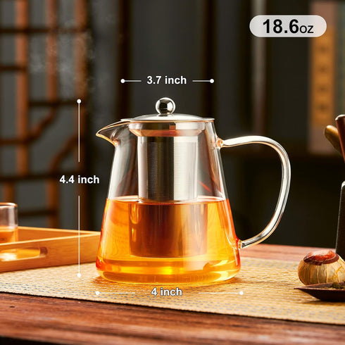 PARACITY Glass Teapot Stovetop 18.6 OZ, Borosilicate Clear Tea Kettle with Removable 18/8 Stainless Steel Infuser, Teapot Blooming and Loose Leaf ...