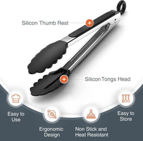 Tribal Cooking Kitchen Tongs with Silicone Tips - Stainless Steel tongs for cooking - 9" and 12" Tongs With Silicone Rubber Grips, Small and Large...