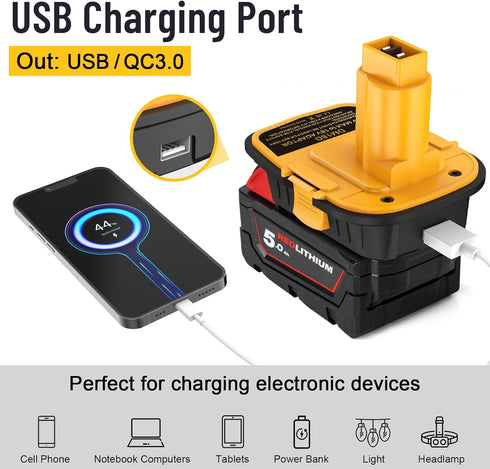 1 pack DM18D Battery Adapter Converter with USB Port for Dewalt 18V Tools, Converts Dewalt 20V Li-ion or Milwaukee M18 18V Li-ion Battery to Dewal...