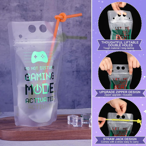Video Game Party Favors Drink Pouch Cups with Straws Plastic Drink Pouches Clear Zipper Bags Reusable Drink Pouches for Birthday Party Decor Gamer...
