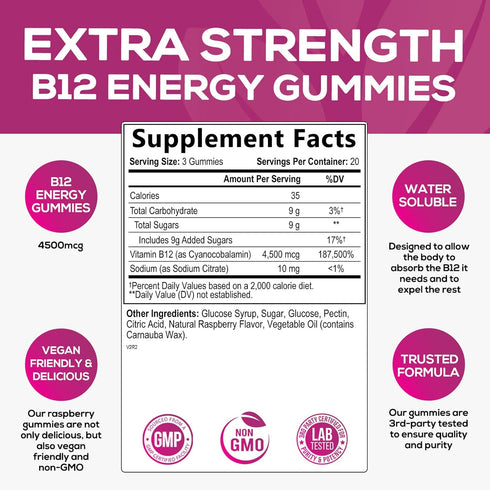 Vitamin B12 Energy Gummies - Extra Strength 4500 mcg Energy Chews for Metabolism & Nervous System Health Support, B-12 Gummy Chewable Supplement f...