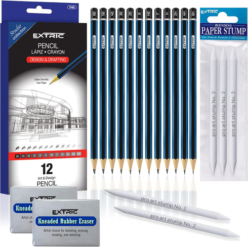 Drawing Pencils - 17 Piece Sketch Pencils Set, Professional Drawing Pencils for Sketching, Kneaded Erasers, 3 Blending Stumps - 12 Graphite pencil...