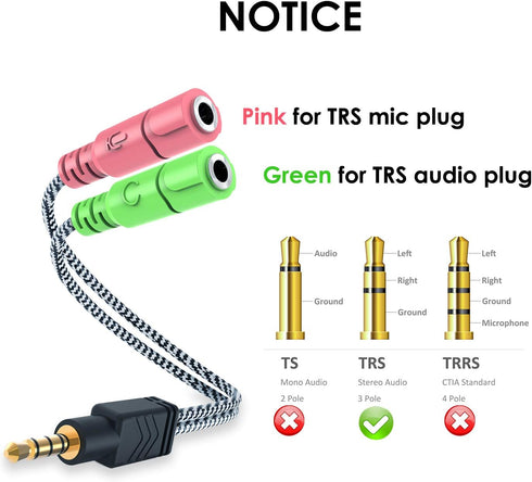 MillSO Headphone Mic Splitter, 3.5mm Headset Adapter (Microphone + Audio) 2 TRS Female to TRRS Male CTIA Stereo Jack Y Cable Compatible for Dual-p...
