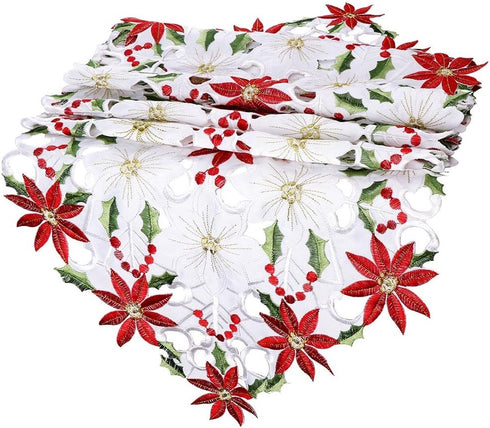 OurWarm Christmas Embroidered Table Runners Poinsettia Holly Leaf Table Linens for Christmas Decorations 15 x 70 Inch...