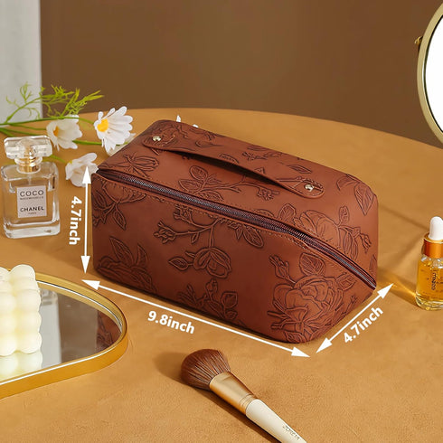 Travel Makeup Bags Cosmetic Organizer Case, Large Capacity Toiletry Bag for Women, PU Leather Waterproof Portable Makeup Pouch, Flat Lay Make Up O...