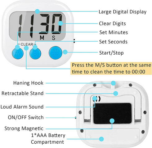 6 Pack Digital Kitchen Timers for Cooking Magnetic Timer for Cooking Loud Alarm white...