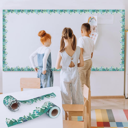 2 Rolls Scalloped Bulletin Board Borders - Eucalyptus Die-Cut Border Trim Bulletin Board Classroom Bulletin - 65.6 Feet Greenery Plant Borders Cla...