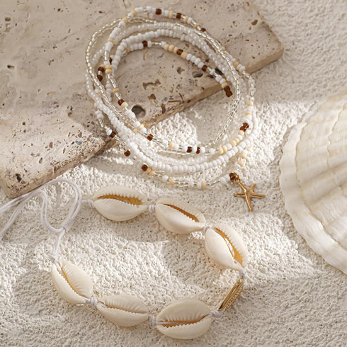 LIU JUN Boho Layered Shell Anklet Set, Gold Seashell Starfish Ankle Bracelets Beaded Foot Chain Beach Summer Foot Jewelry Accessories For Women Gi...