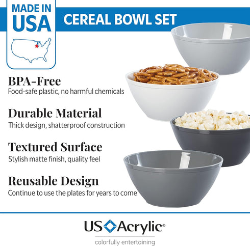 US Acrylic Unbreakable 28 oz. Plastic Stackable Cereal Bowls for Snacks & Ice Cream in Grey Colors (Set of 8) 6-inch Reusable, BPA-Free, Made in t...