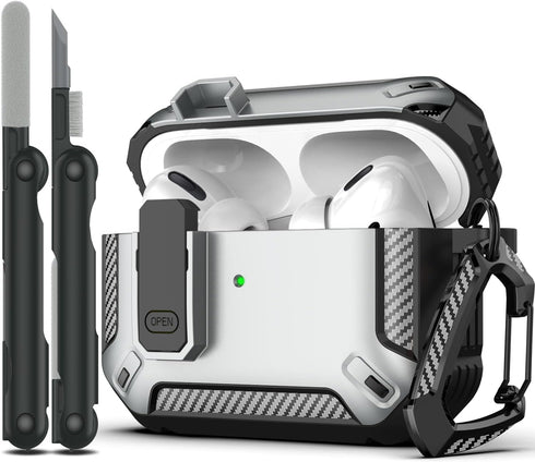 AirPods Pro Case Cover with Cleaner Kit, Military Hard Shell Protective Armor with Lock for AirPod Pro Charging Case, Front LED Visible, Silver......