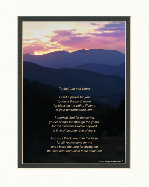 Gift for Aunt and Uncle with "Thank You Prayer for Best Aunt and Uncle" Poem. Mt Sunset Photo, 8x10 Double Matted. Special Aunt Uncle Gift for Chr...