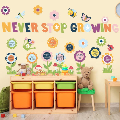 90 Pcs Spring Bulletin Board Decorations for Classroom Flowers Bulletin Board Set Never Stop Growing Cutouts Inspirational Quotes Cards Wall Decal...
