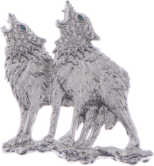 Alilang Silvery Tone Clear Rhinestones Emerald Green Eyes Howling Couple Wolves Animals Lapel Brooch Pin...