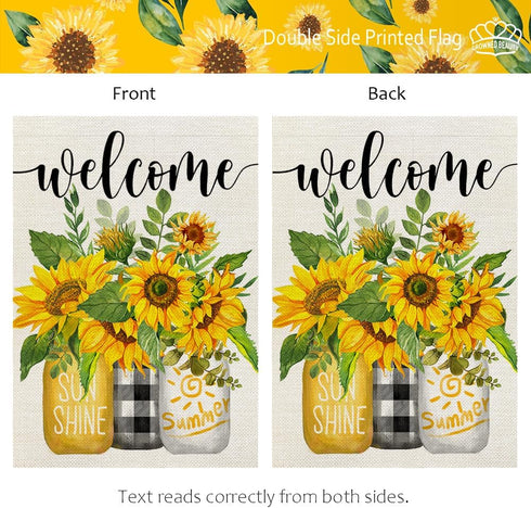 CROWNED BEAUTY Summer Garden Flag Mason Jar Sunflower 12x18 Inch Double Sided for Outside Welcome Burlap Small Seasonal Floral Yard Decoration CF8...