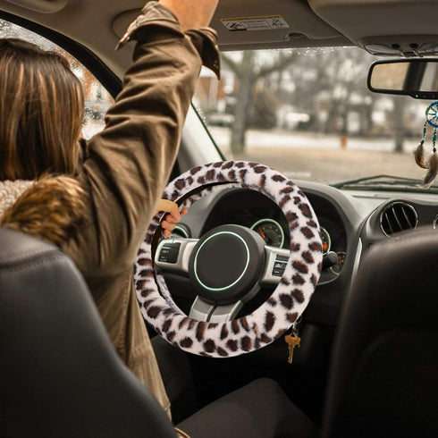 Fuzzy Steering Wheel Cover for Women Girls, Accmor Universal Fit 15 inch Fur Car Wheel Cover & Handbrake Cover & Gear Shift Cover Set, Fashion Leo...