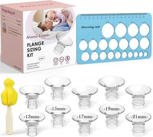 Flange Sizing Kit with 10PCS Flange Inserts 13/15/17/19/21mm, Nipple Measurement Tool Ruler, Cleaning Brush, Silicone Flange Insert Kit for 24mm M...