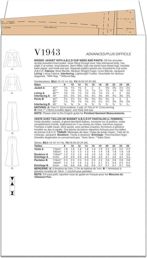 Vogue Misses' Off-The-Shoulder Jacket and Semi-Fitted Highrise Pants Sewing Pattern Packet, Design Code V1943, Sizes 8-10-12-14-16...