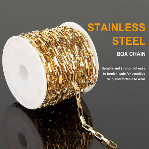 KYUNHOO 16.4 Feet/5M Gold Plated Box Chain Bulk Stainless Steel Jewelry Making Chains 3MM Thin Square Link Jewelry Chains for Necklace Bracelet DI...
