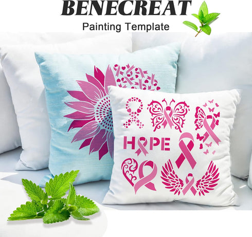 BENECREAT Ribbon Pattern Plastic Painting Stencils Templates, 12x12 inch Ribbons Wings Butterflies Heart Breast Cancer Prevention Theme Stencils f...