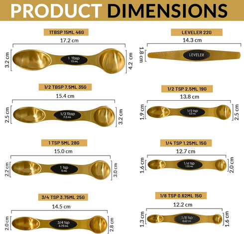 measuring spoons set,of 8-piece stainless steel magnetic gold-colored, double-sided, with, kitchen utensils for measuring and weighing dry and liq...