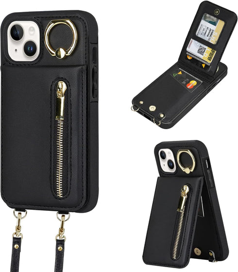 uCOLOR for iPhone 13/14/15 Wallet Case with Card Holders for Women, Crossbody Zipper Protective Leather Case with Strap Wrist Ring RFID Protective...