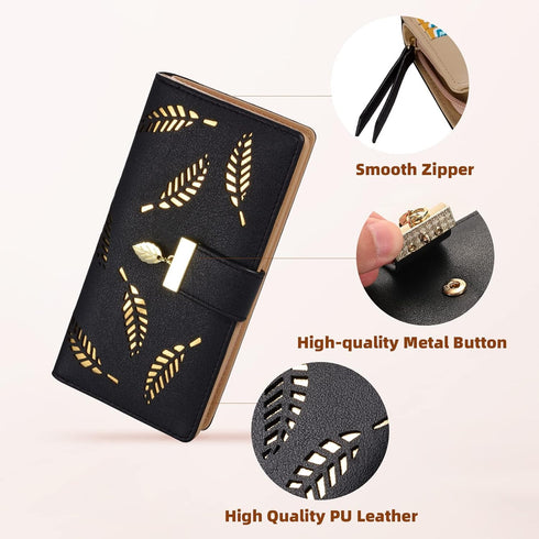 Women's Long Leaf Bifold Wallet Leather Card Holder Purse Zipper Buckle Elegant Clutch Wallet Handbag for Women - Black...