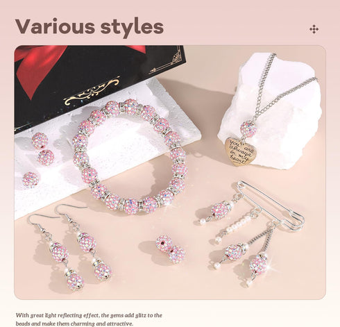160pcs 10mm Rhinestone Beads for Crafting, Pink AB Shiny Round Shamballa Disco Ball Beads Bulk, Fancy Sparkle Crystal Clay Bead for Necklace Brace...