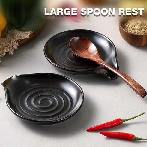 Spoon Rest for Stove Top, 6.1" Large Ceramic Spoon Holder for Kitchen Counter Decor, Heat-Resistant Cooking Utensil Rest, Coffee Spoon Holder, Bla...