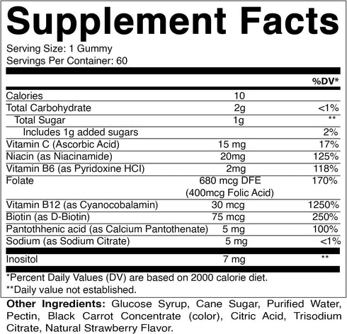 Vitamatic Vitamin B Complex Gummies with Vitamin C & Inositol - Natural Strawberry Flavor - 60 Gummies (1 Bottle)...