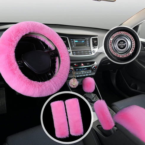 1 Set 8 Pieces Fluffy Car Accessories Set for Women,Fuzzy Steering Wheel Cover Cute Car Accessories with Gear Shift Cover,Handbrake Cover 15 Inche...