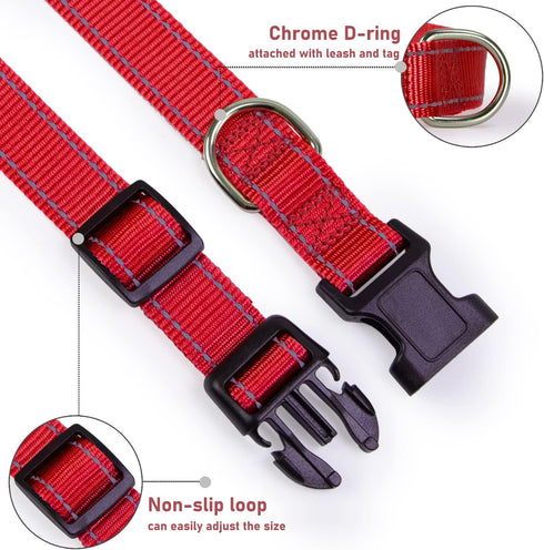 Reflective Dog Collar with Buckle Adjustable Safety Nylon Collars for Small Medium Large Dogs, Red M...
