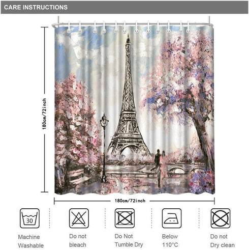 Paris Shower Curtain for Bathroom Sakura Landscape Pink Romantic Waterproof Fabric Curtain Decor with 12 Hooks 72x72 Inches...
