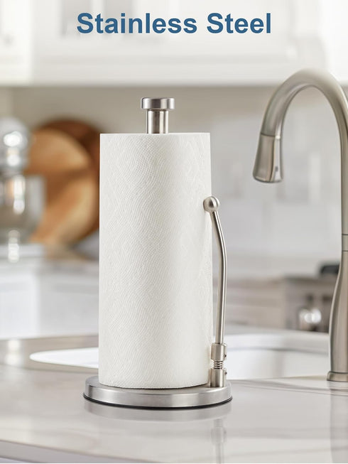SMARTAKE Paper Towel Holder, Paper Towel Dispenser Standing Weighted Base Non Slip, Spring Arm for Easy Tear, Stainless Steel Paper Towel Holder f...