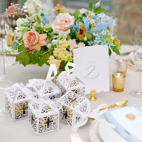 50PCS Baptism Favor Boxes, 2.2''x2.2''x2.2''Laser Cut Favor Boxes with 50 Ribbons for Baby Shower Favors Baptism Decorations First Communion Party...