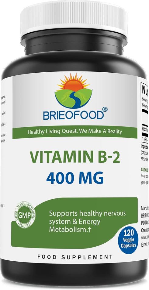 Brieofood Vitamin B2 (Riboflavin) 400mg, 120 Veggie Capsules - Gluten Free, Non-GMO...