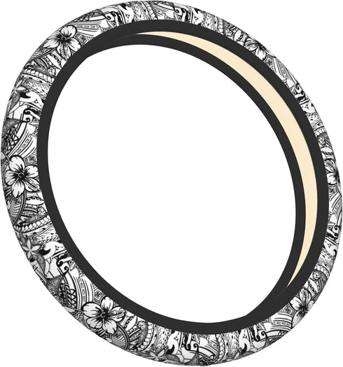 Hawaiian Polynesian Tribal Tatoo Car Steering Wheel Cover for Women Men 14-15 Inch Stretch Cloth Anti-Slip Wrap Protector Case Fit Universal Auto ...