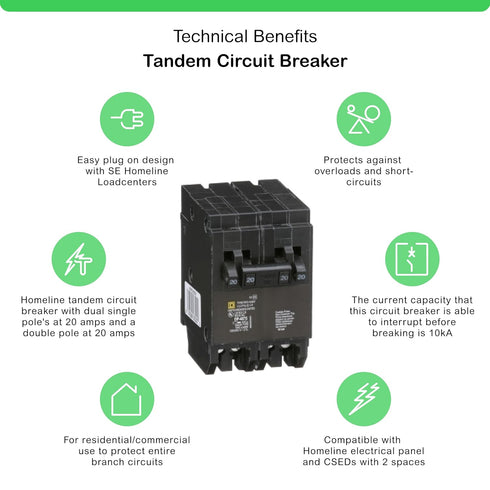 Telemecanique Sensors HOMT2020220CP Homeline Tandem Circuit Breaker, 2 x 1 pole at 20A, 1 x 2 pole at 20A, 120/240V, 10 kA AIR, Plug-In Mount...