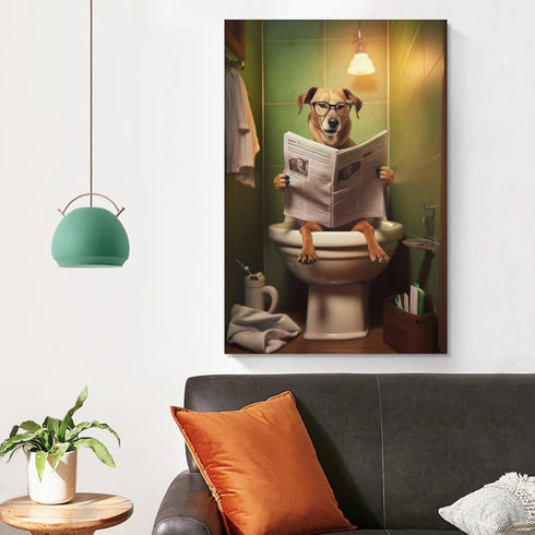 FireDeer Funny Bathroom Canvas Wall Art Dog Animal Reading the Newspaper On Toilet Poster Humor Painting Canvas Prints Modern Aesthetic Picture Fa...