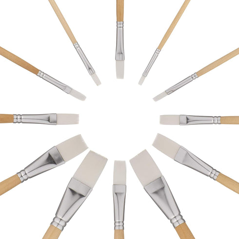 Jerry Q Art 12 PC White Synthetic Hair Flat Brush Set with Long Wood Handles for Watercolor and Acrylic JQ66051...